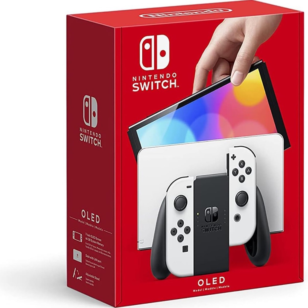 NWT Nintendo Switch (OLED model) with White Joy-Con; Case + Screen Protectors